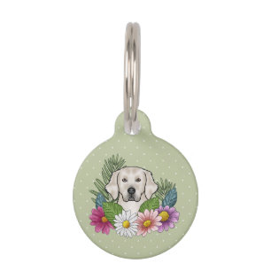 Cream Golden Retriever Dog Colorful Flowers Green Pet ID Tag