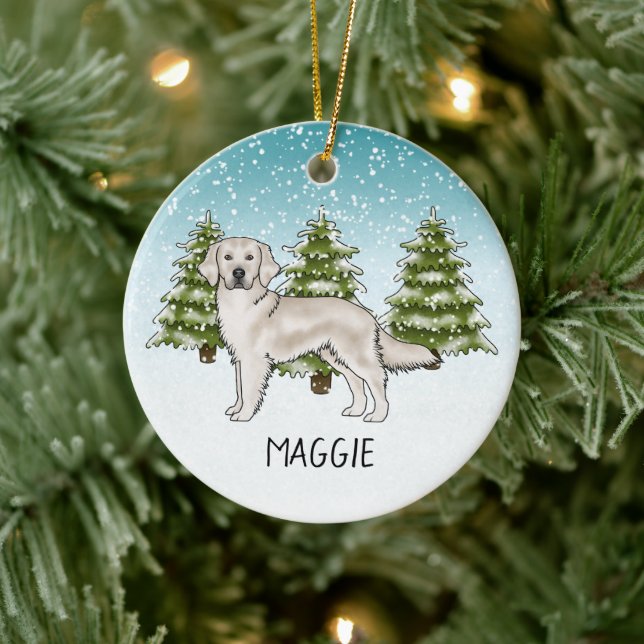 Cream Golden Retriever Dog Custom Name Christmas Ceramic Ornament (Tree)