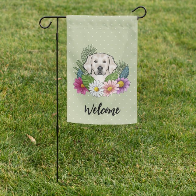 Cream Golden Retriever Dog Flowers Welcome Green Garden Flag (In SItu)