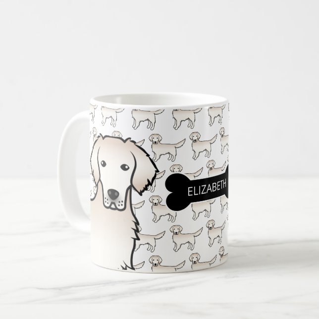 Cream Golden Retriever Dog With Dog Bone & Name Coffee Mug (Front Left)
