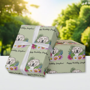 Cream Golden Retriever Floral Happy Birthday Green Wrapping Paper