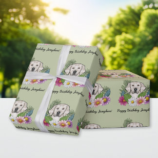 Cream Golden Retriever Floral Happy Birthday Green Wrapping Paper