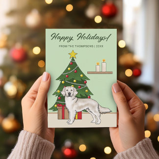 Cream Golden Retriever Green Festive Christmas Holiday Card