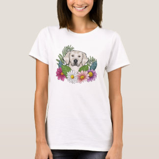 Cream Golden Retriever Head With Colorful Flowers T-Shirt