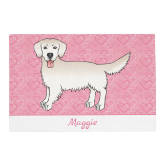 Cream Golden Retriever On Pink Hearts And Name Placemat