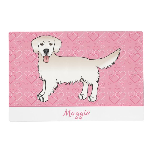 Cream Golden Retriever On Pink Hearts And Name Placemat (Front)