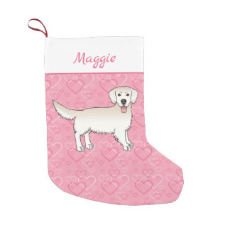 Cream Golden Retriever On Pink Hearts And Name Small Christmas Stocking