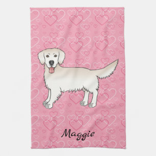 Cream Golden Retriever On Pink Hearts & Name Kitchen Towel