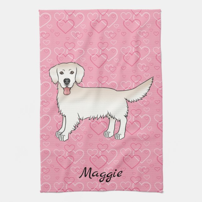 Cream Golden Retriever On Pink Hearts & Name Kitchen Towel (Vertical)
