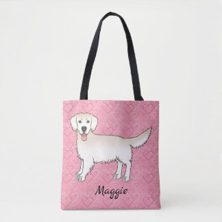 Cream Golden Retriever On Pink Hearts &amp; Name Tote Bag