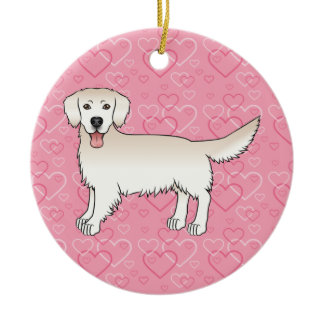 Cream Golden Retriever On Pink Hearts Pet Memorial Ceramic Ornament