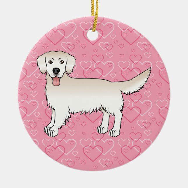 Cream Golden Retriever On Pink Hearts Pet Memorial Ceramic Ornament (Front)