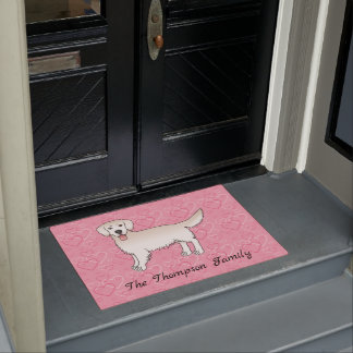Cream Golden Retriever On Pink Hearts With Text Doormat