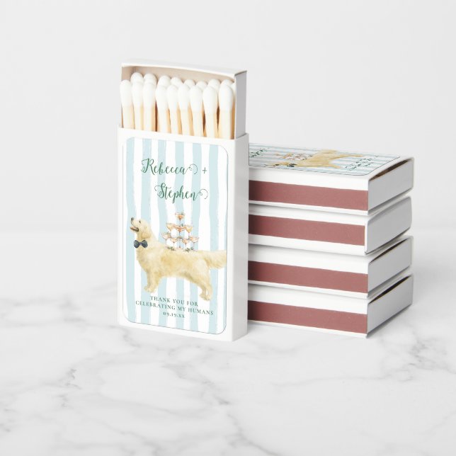 Cream Golden Retriever Pet Illustration Wedding Matchboxes (Stacked)