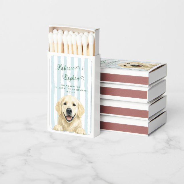 Cream Golden Retriever Pet Illustration Wedding Matchboxes (Stacked)