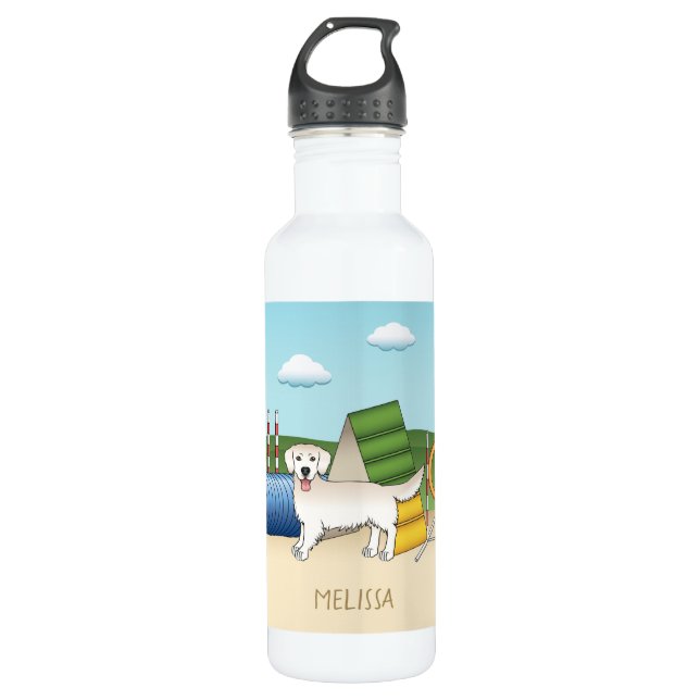 Cream Golden Retriever With Agility Equipment Stainless Steel Water Bottle (Front)