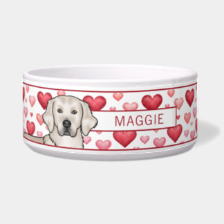 Cream Golden Retriever With Hearts Custom Pet Name Bowl