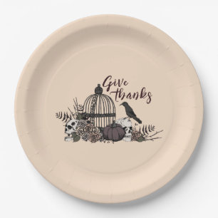 Cream Gothic Skulls Give Thanks Dinner Party Paper Plates