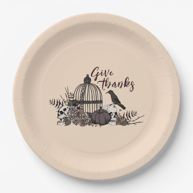 Cream Gothic Skulls Give Thanks Dinner Party Paper Plates (Front)