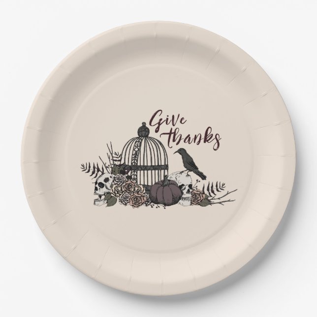 Cream Gothic Skulls Give Thanks Dinner Party Paper Plates (Front)