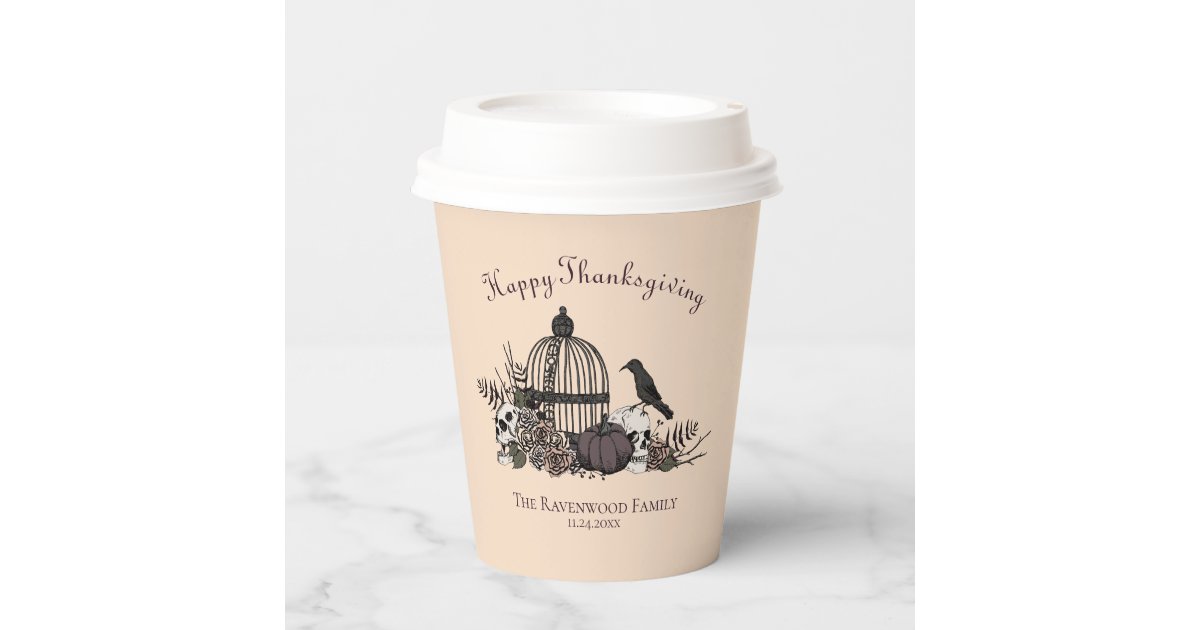 Cream Gothic Skulls, Pumpkin & Roses Thanksgiving Paper Cups | Zazzle