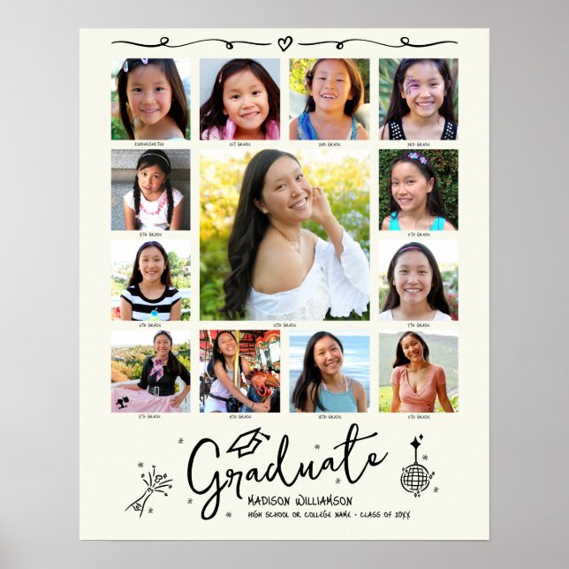 Cream Graduation K–12 Photo Collage Black Doodles Poster (Front)