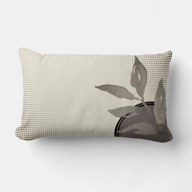 Cream Gray & Black Simple Watercolor Leaves Lumbar Pillow (Front)