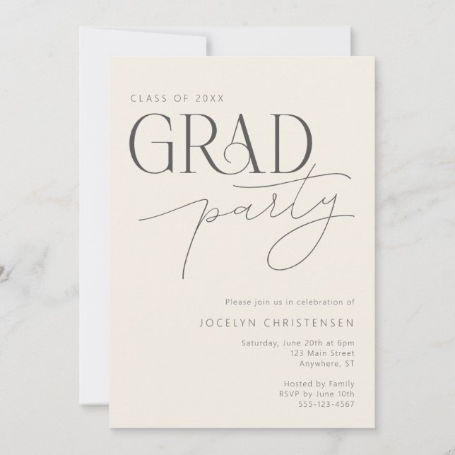 Cream Gray Modern Typography Grad Party Invitation (Front)