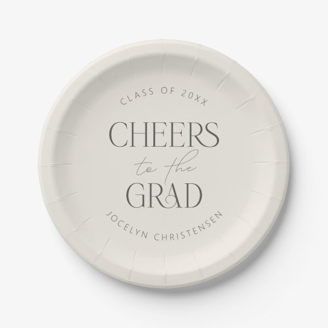 Cream Gray Personalized Cheers Grad Party Paper Plates (Front)