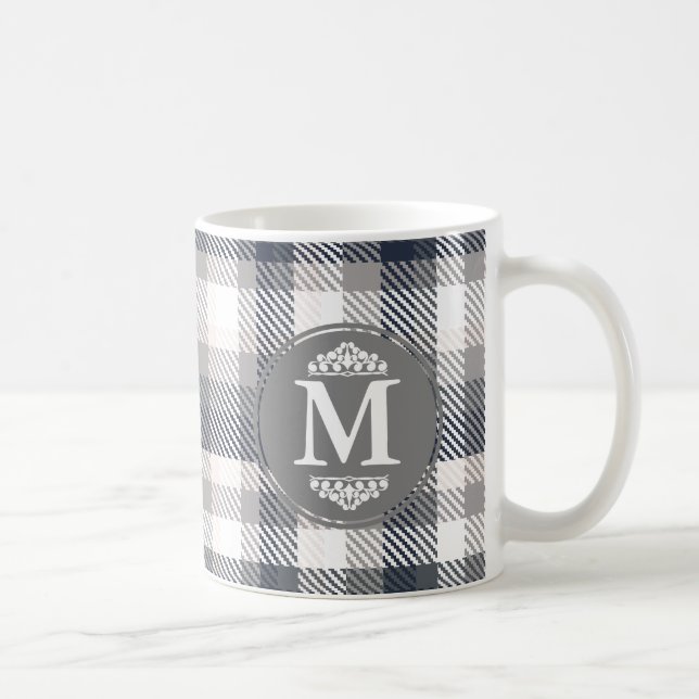 Cream & Gray Plaid Monogram Letter Coffee Mug (Right)