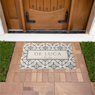 Cream Gray Tile Design Family Name Doormat