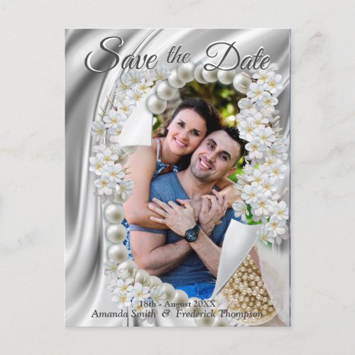 CreamGreenblue Silk  Ivory Pearls Save the Date Announcement Postcard