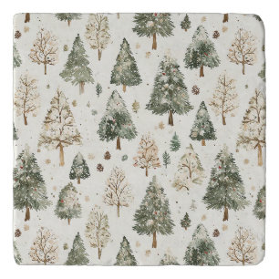 Cream Green Christmas Trees Trivet