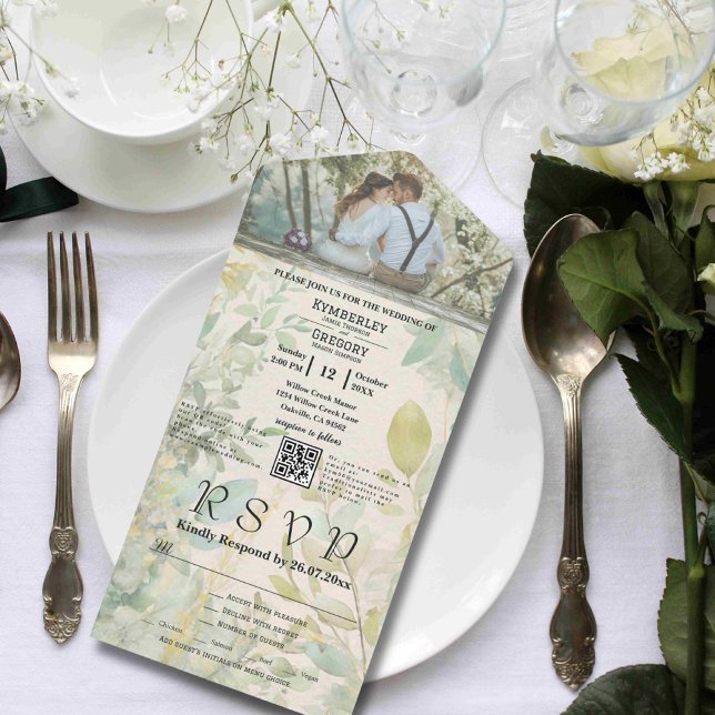 Cream Green Eucalyptus Botanical QR Code All In One Invitation (Creator Uploaded)