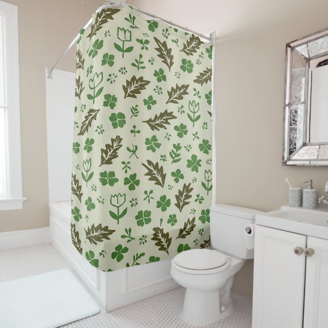 Cream & Green Floral Shower Curtain (In Situ)