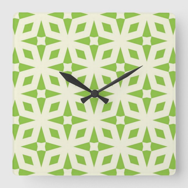 Cream green geometric tile pattern mosaic 70s square wall clock (Front)