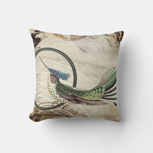 Cream & Green Hummingbird Abstract Swirls Throw Pillow (Front)