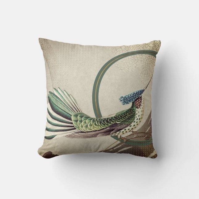 Cream & Green Hummingbird | Ernst Haeckel Inspired Throw Pillow (Front)