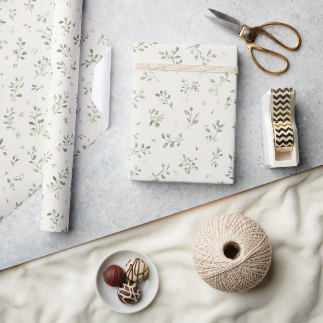 Cream Green Leaves Birthday Wrapping Paper (Crafts)
