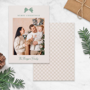 Cream & Green Minimalist Bow Photo Merry Christmas Letterpress Photo Cards