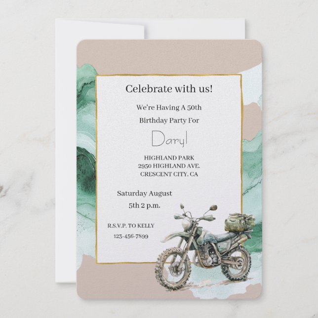 Cream Green Motorcycle Adventure Birthday Invitation (Front)