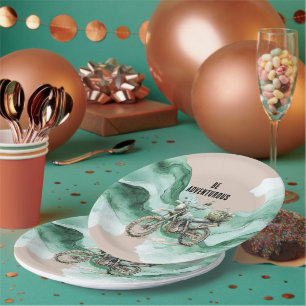 Cream Green Motorcycle Adventure Paper Plates