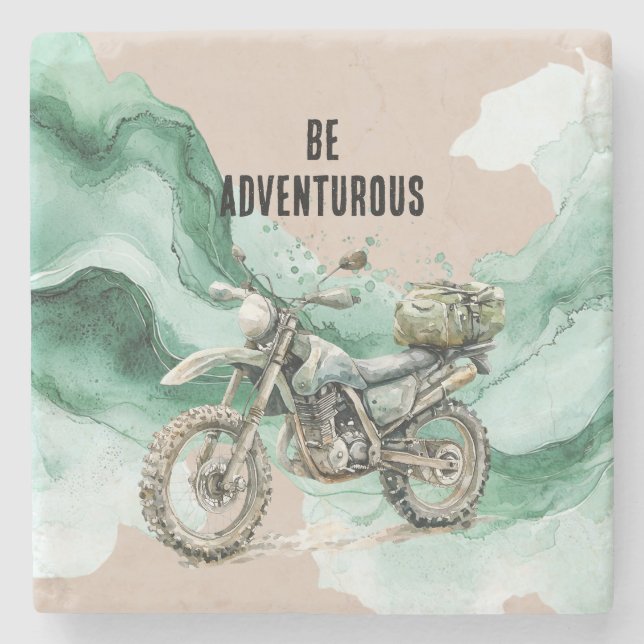 Cream Green Motorcycle Adventure Stone Coaster (Front)