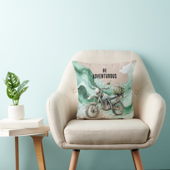 Cream Green Motorcycle Adventure Throw Pillow (Chair)