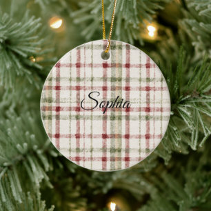 Cream Green Red Plaid Stripes  Ceramic Ornament