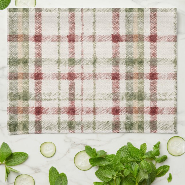 Cream Green Red Plaid Stripes  Kitchen Towel (Folded)