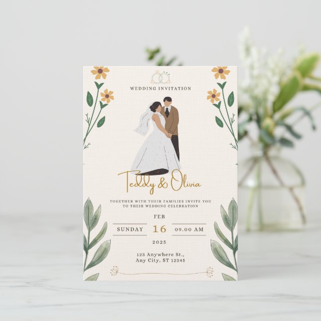 Cream Green Simple Illustrated Wedding Invitation (Standing Front)