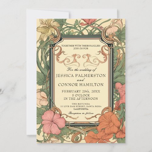 Cream Green Vintage Floral Wedding Invitation