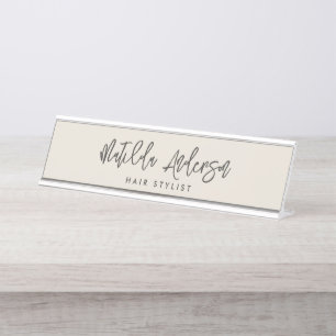 Cream grey modern minimal elegant script desk name plate
