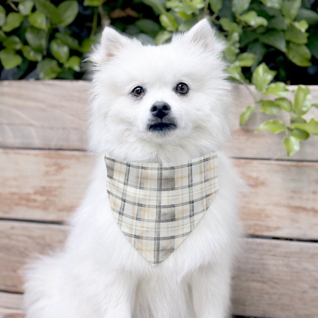 Cream Grey Plaid Stripes Pet Bandana Collar (Dog)